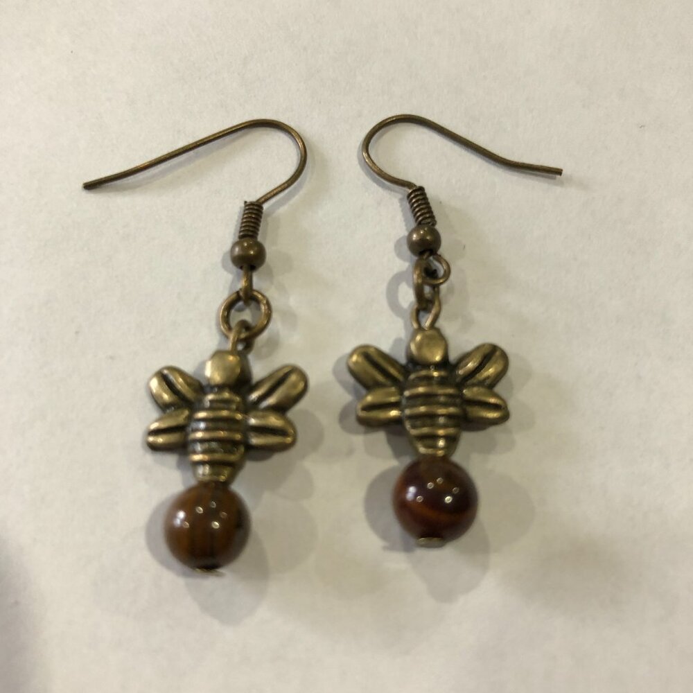 Brass Bee charm with Tiger's Eye crystal earrings